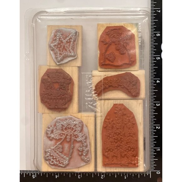 2000 STAMPIN' UP! HOLIDAY HELLO Wood Mounted Rubber Stamp set of 6 ANGEL TREE - Picture 3 of 4